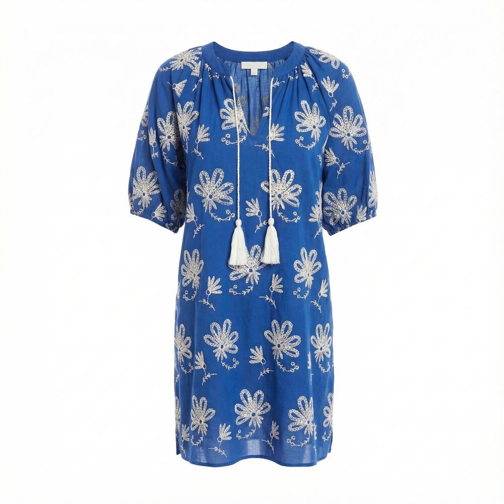 Blue Floral Embroidered Tassel Dress